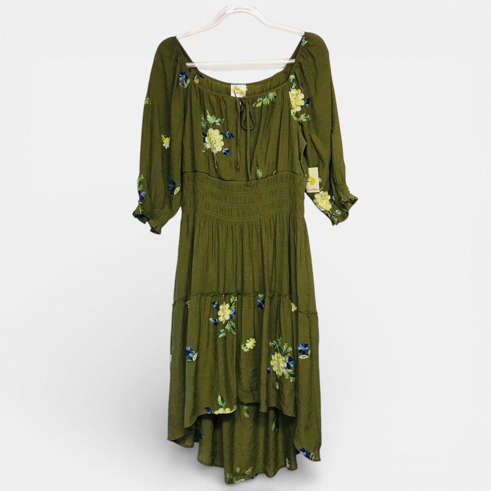 Fig and Flower Womens PL Olive Green Floral Embroidered Smocked High Low Dress‎